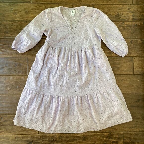 Gap Maternity Eyelet Tiered Dress Small 3/4 Sleeve Light Purple - Picture 2 of 9